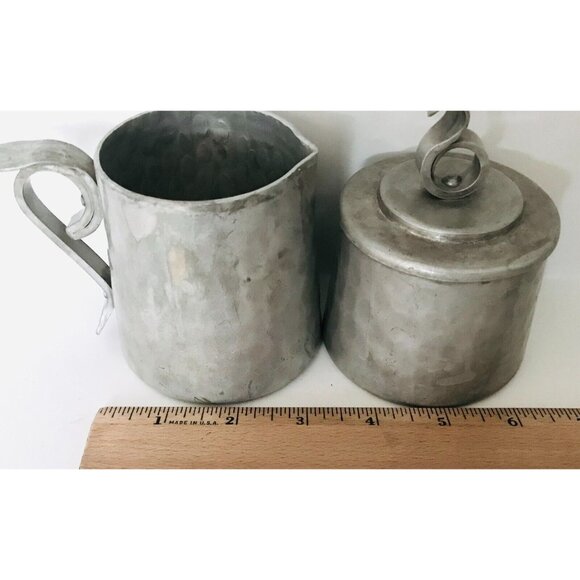 1940s Buenilum Hammered Aluminum Cream & Sugar Set & Serving Tray BW Metalwork - Picture 11 of 13